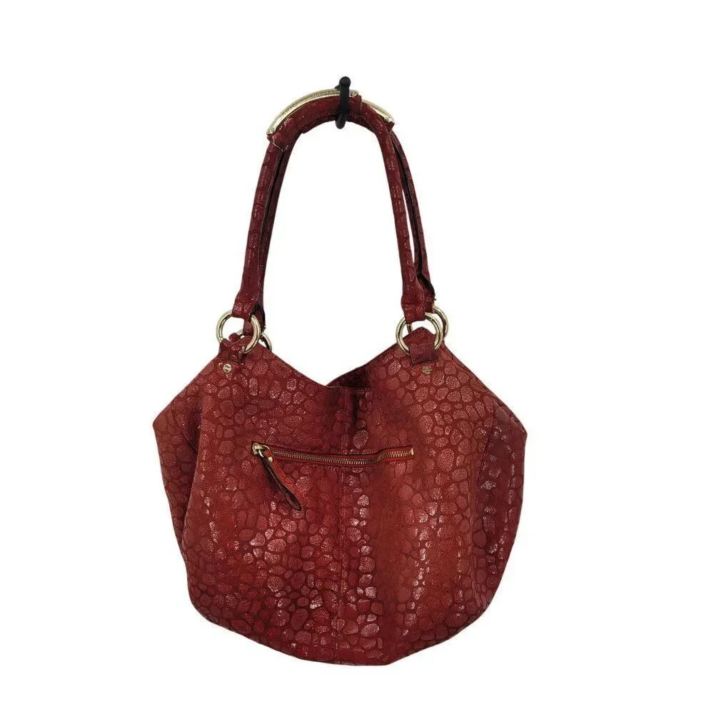 Antonio Melani Red Pebble Textured Leather Hobo Satchel Shoulder Bag Gold Accent